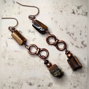 Primitive Chic Natural Tiger's Eye In Handmade Artisan Antique Copper Earrings